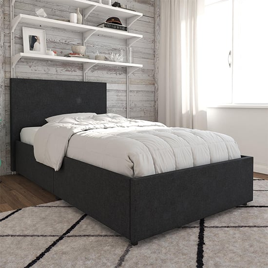 Karik Linen Fabric Single Bed With 2 Drawers In Dark Grey_1