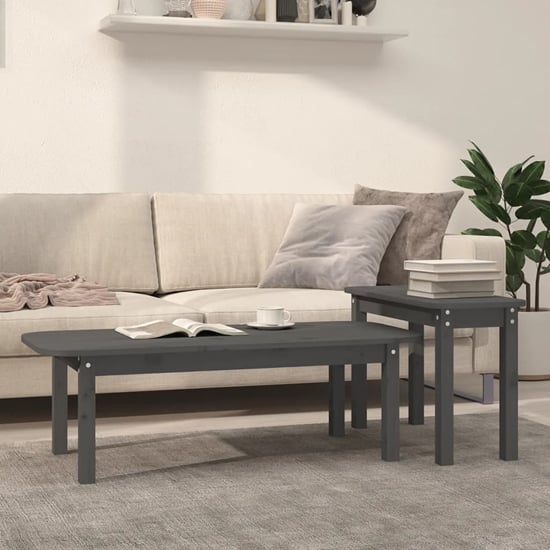 Karis Solid Pine Wood Set Of 2 Coffee Tables In Grey Furniture