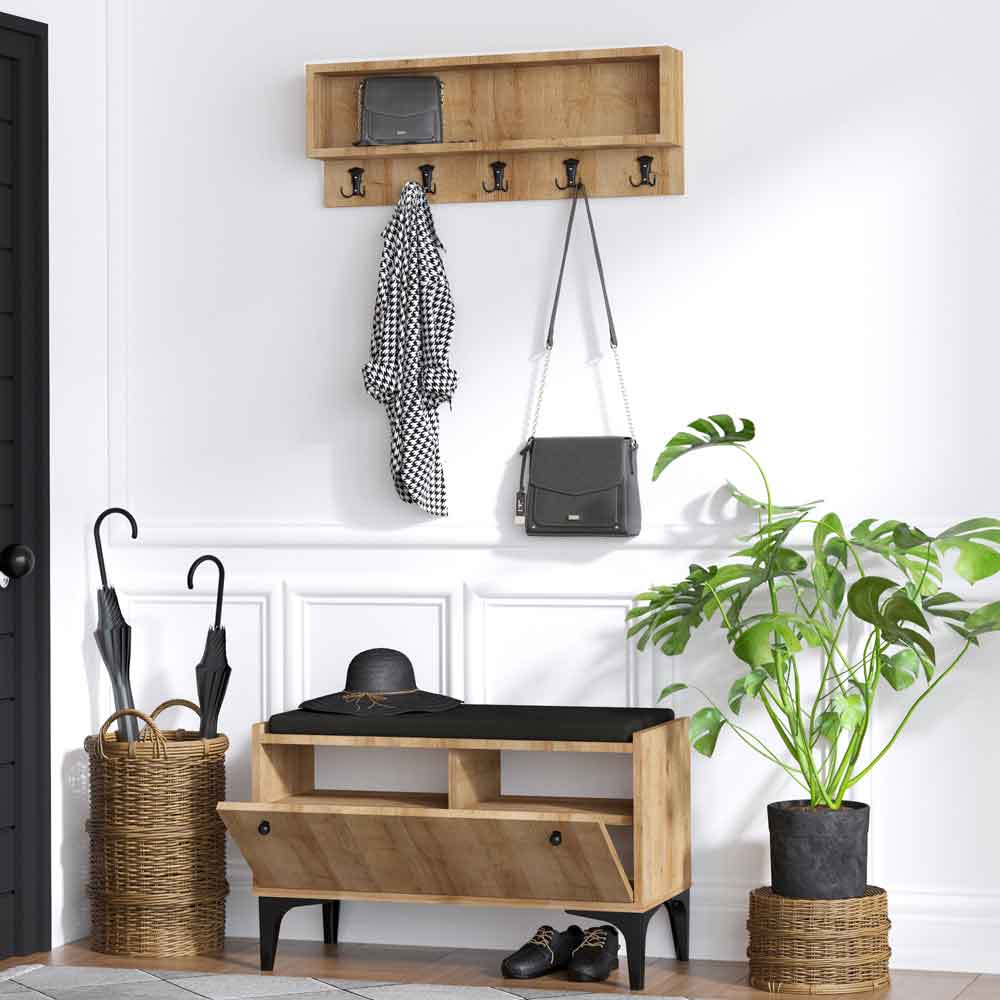 Karter Wooden Shoe Bench with Coat Rack in Oak