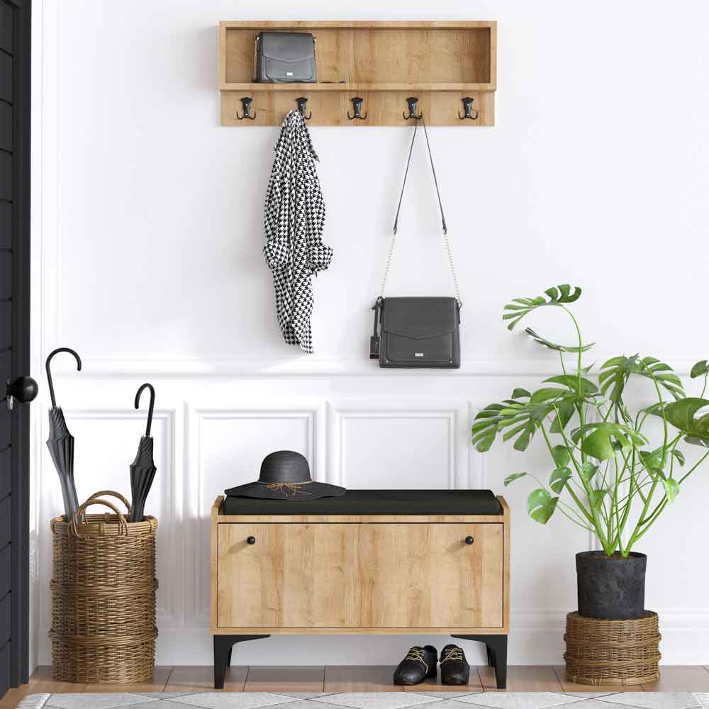 Karter Wooden Shoe Bench with Coat Rack in Oak