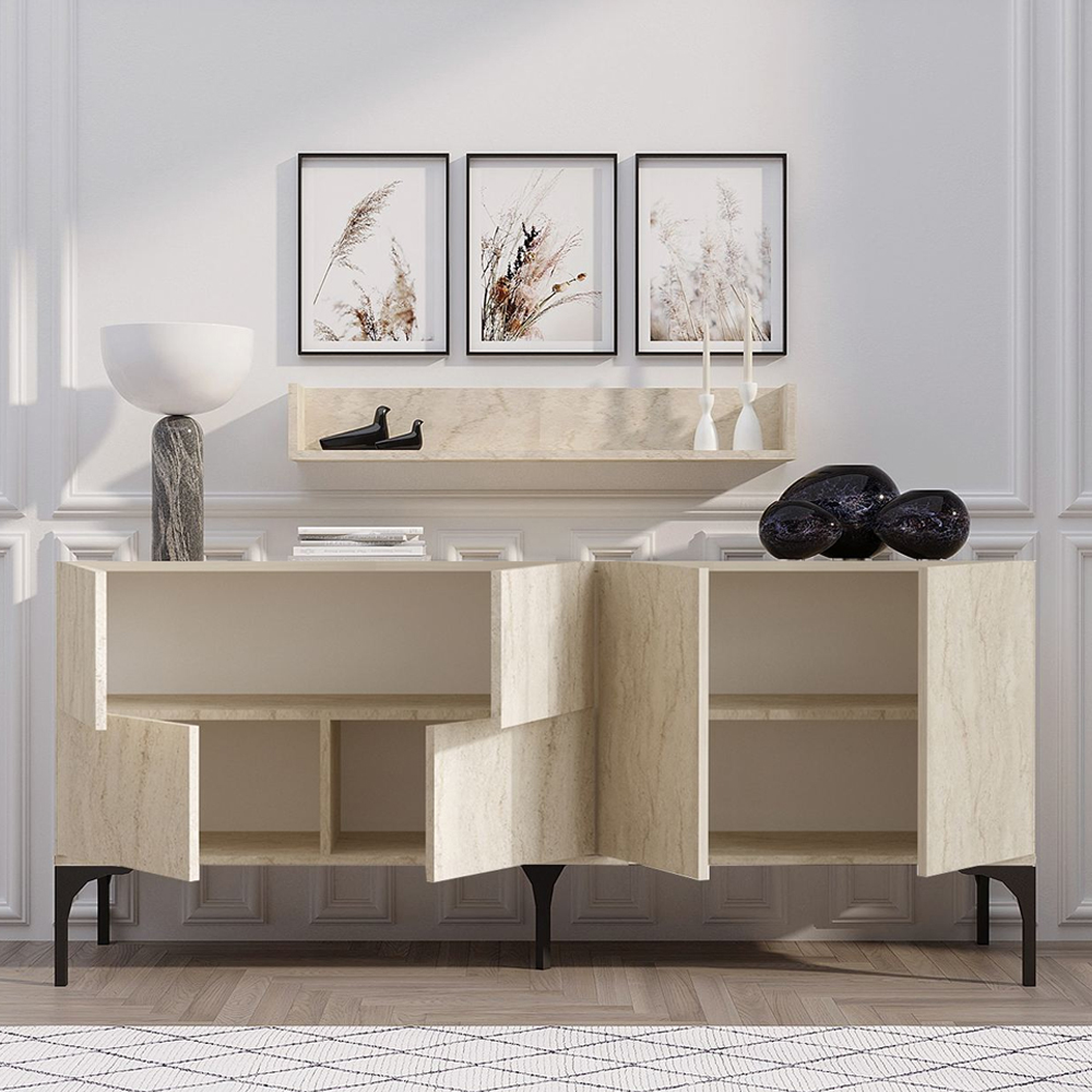 Karter Wooden Sideboard with Wall Shelf in Travertine Marble Effect