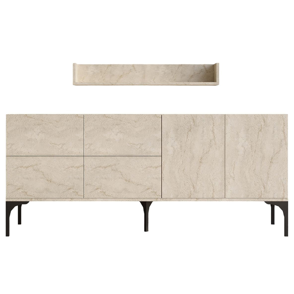 Karter Wooden Sideboard with Wall Shelf in Travertine Marble Effect