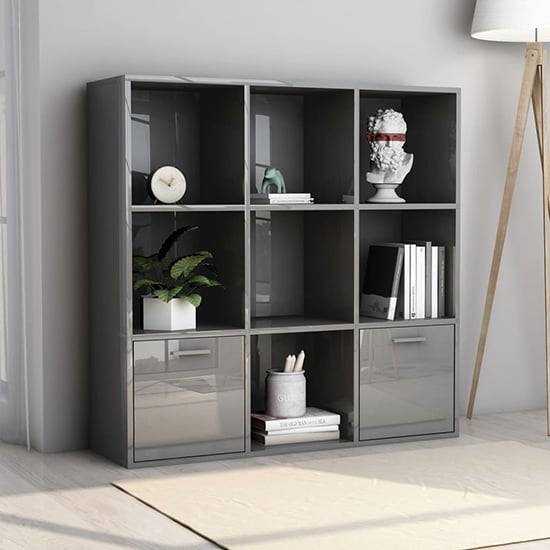 Kasen High Gloss Bookcase With 2 Doors In Grey
