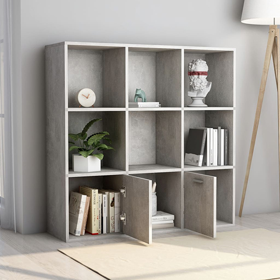 Kasen Wooden Bookcase With 2 Doors In Concrete Effect