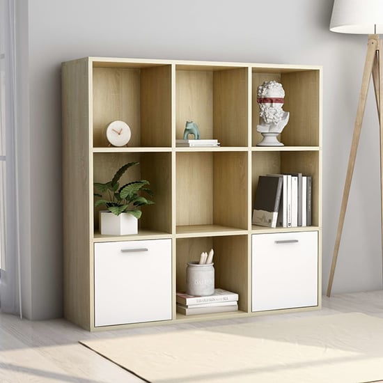Kasen Wooden Bookcase With 2 Doors In White And Sonoma Oak