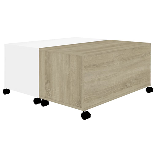Katashi Wooden Coffee Table With Castors In White Sonoma Oak Furniture in Fashion