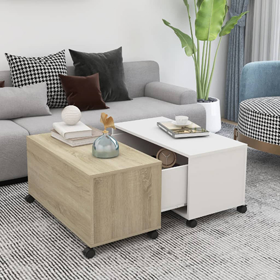 Product photograph of Katashi Wooden Coffee Table With Castors In White Sonoma Oak from Furniture in Fashion