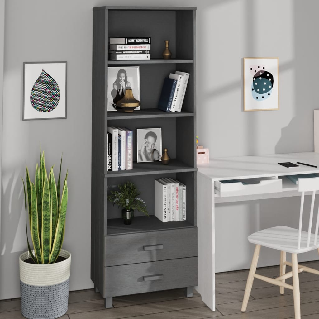 Kathy Solid Pinewood Bookcase With 2 Drawers In Dark Grey Furniture in Fashion