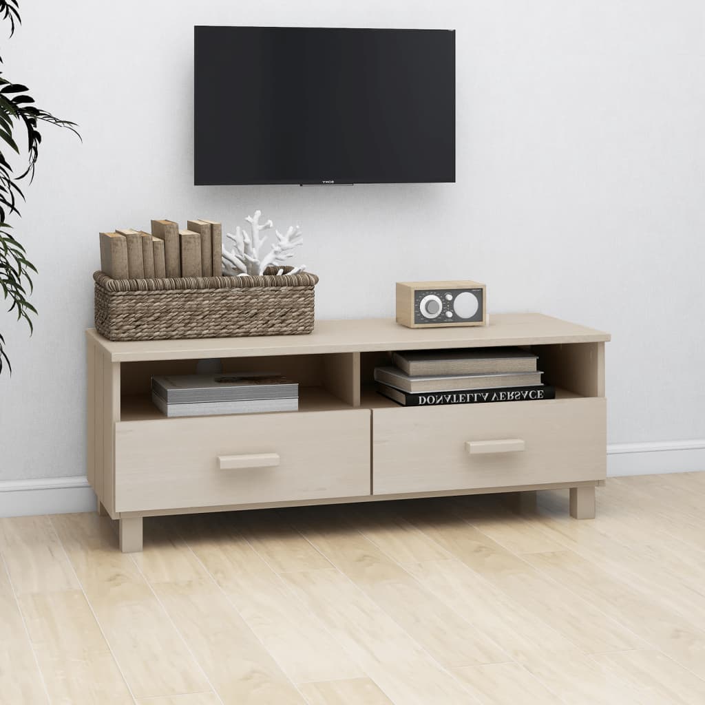 Read more about Kathy solid pinewood tv stand with 2 drawers in honey brown