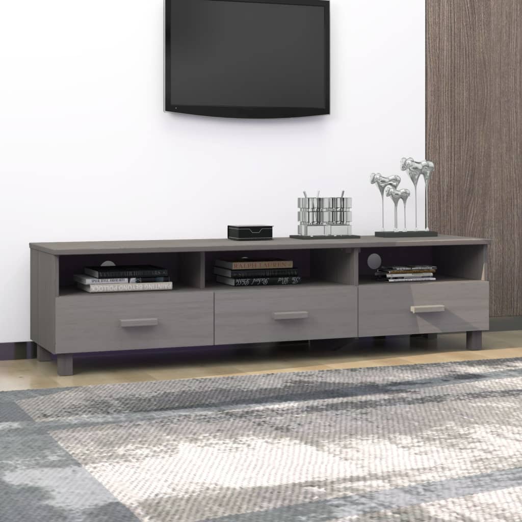 Read more about Kathy solid pinewood tv stand with 3 drawers in light grey