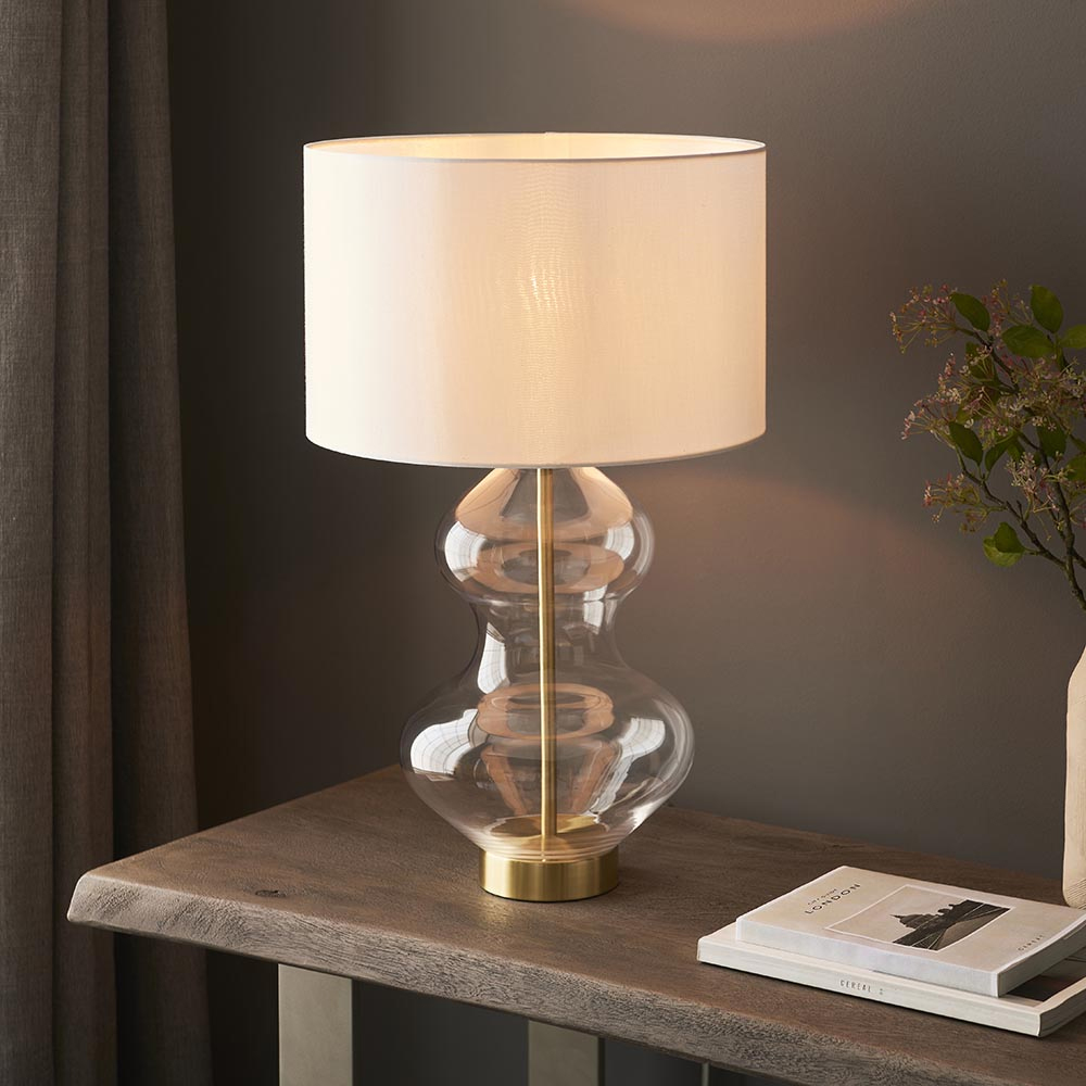Read more about Katonah clear glass table lamp in white and brass