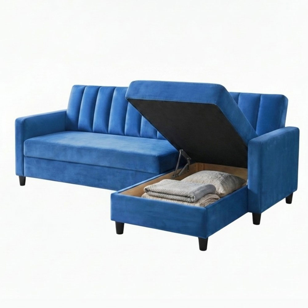 Katro Velvet L Shaped Sofa Bed in Blue