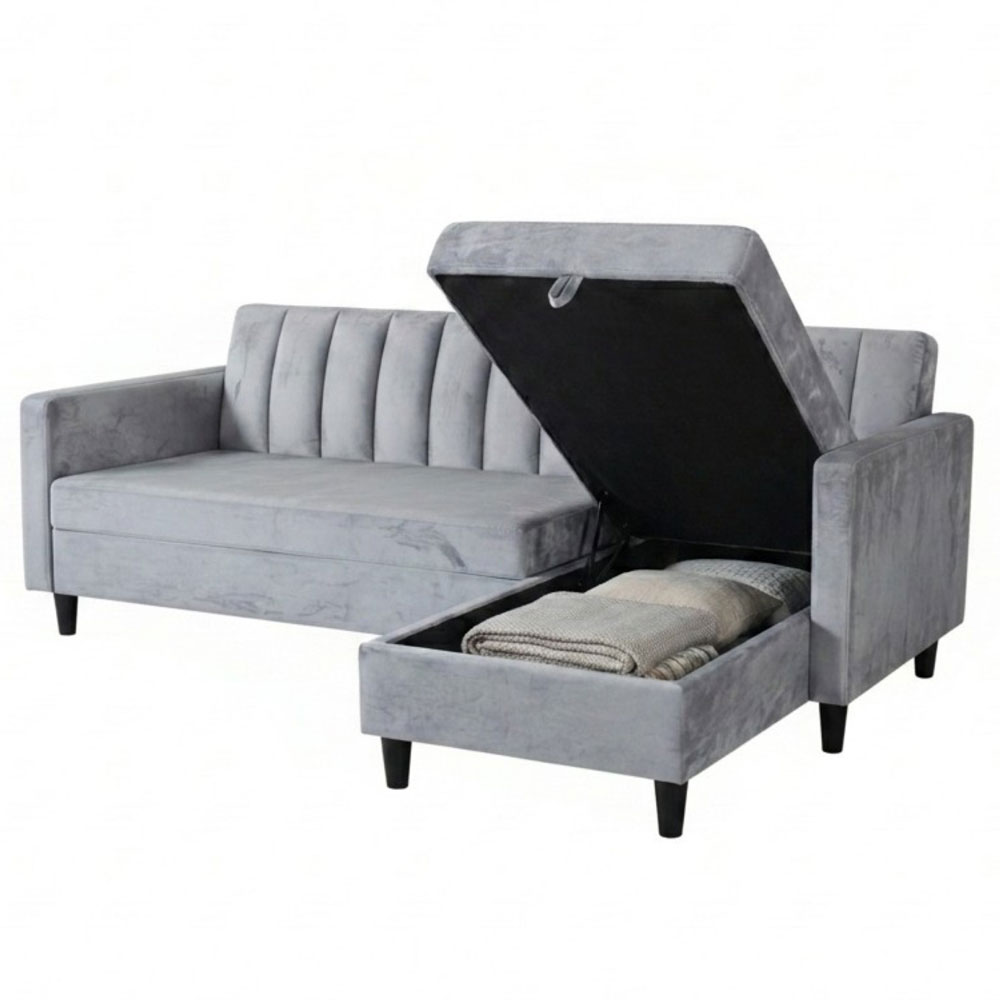 Katro Velvet L Shaped Sofa Bed in Grey