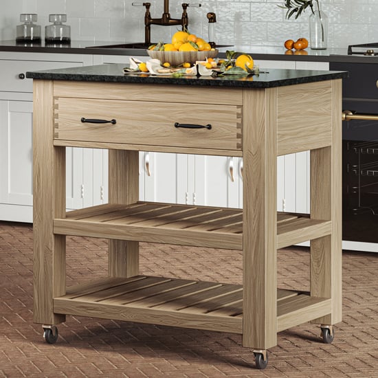 Product photograph of Kavala Black Granite Top Kitchen Island With 2 Drawers In Oak from Furniture in Fashion