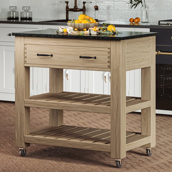 Kavala Black Granite Top Kitchen Island With 2 Drawers In Oak