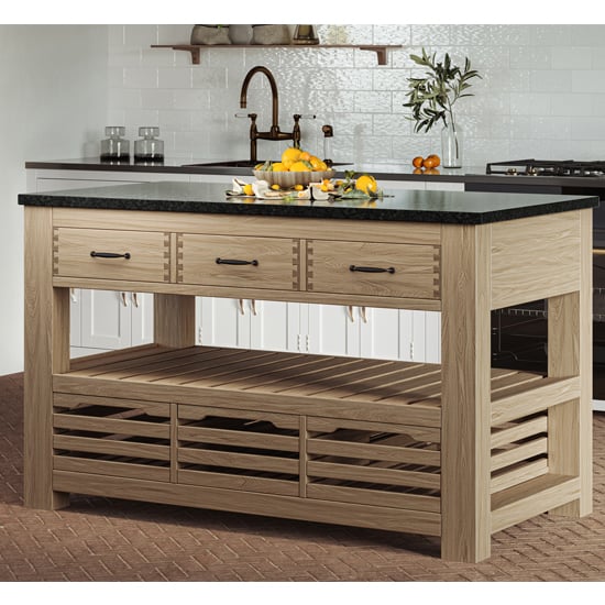 Kavala Black Granite Top Kitchen Island With 3 Drawers In Oak