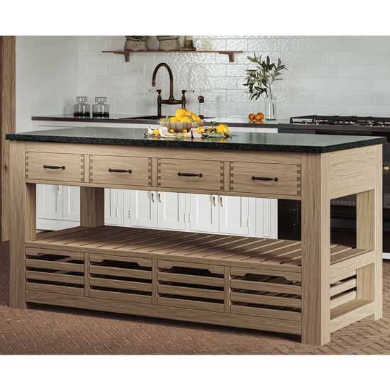 Kavala Black Granite Top Kitchen Island With 4 Drawers In Oak