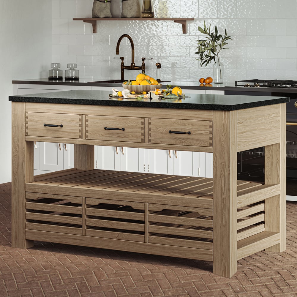 Kavala Black Granite Top Kitchen Island With 6 Drawers In Oak
