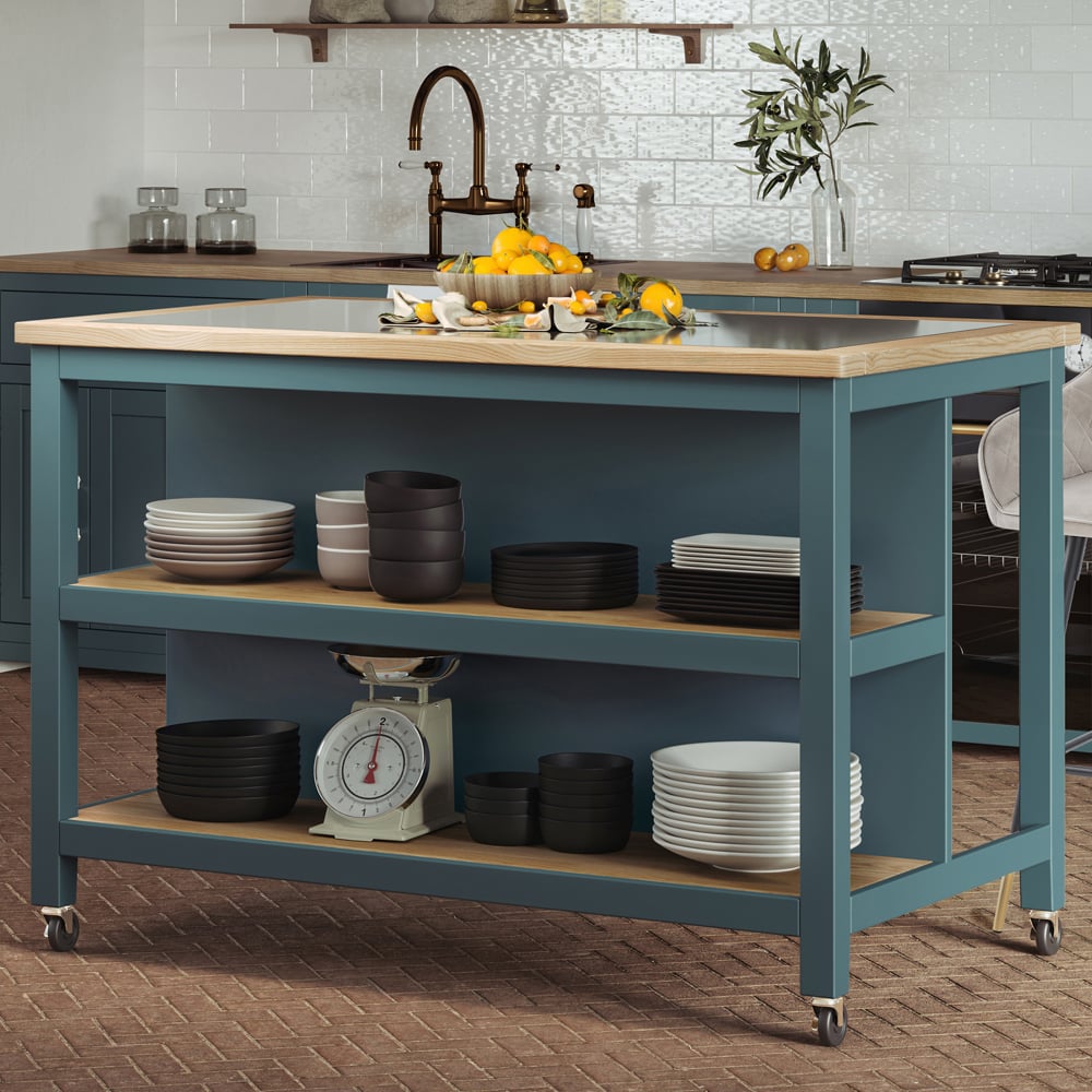 Kavala Black Granite Top Kitchen Island In Blue And Oak