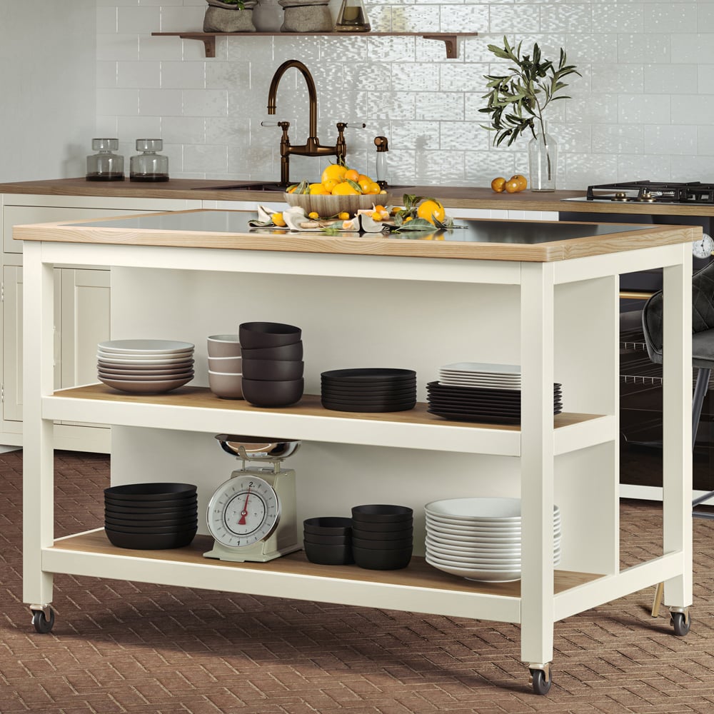 Kavala Black Granite Top Kitchen Island In Cream And Oak