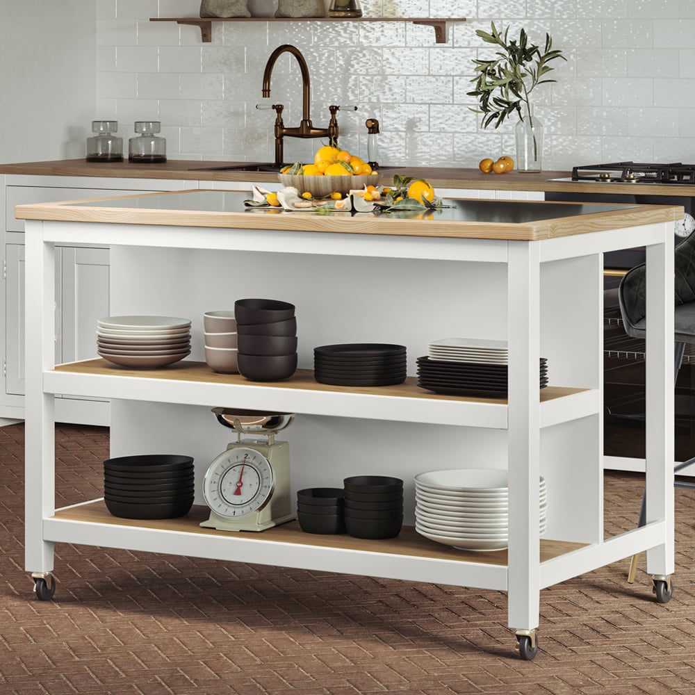Kavala Black Granite Top Kitchen Island In White And Oak