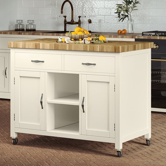 Kavala Wooden Kitchen Island With Butchers Block In Cream