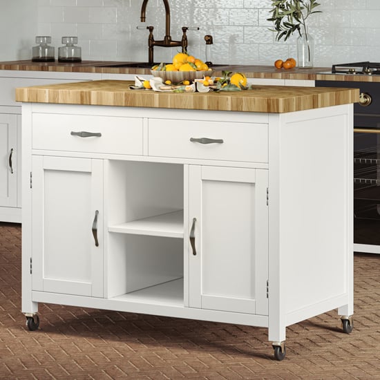 Kavala Wooden Kitchen Island With Butchers Block In White