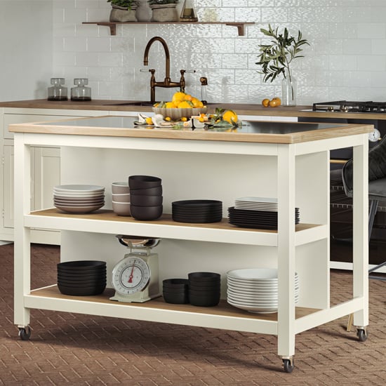 Read more about Kavala wooden kitchen island open with breakfast bar in cream