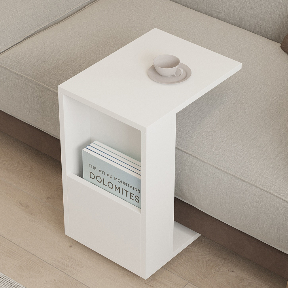 Kavira Wooden Side Table with Magazine Rack in White