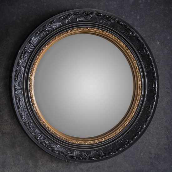 Read more about Kayla round wall mirror with inner gold band in black frame