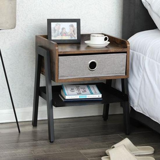 Kearney Wooden Fabric Drawer Side Table In Rustic Brown
