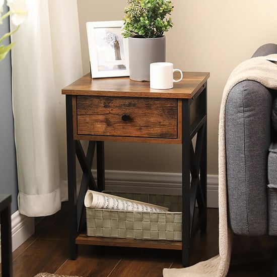 Photo of Kearney wooden industrial bedside cabinet in rustic brown