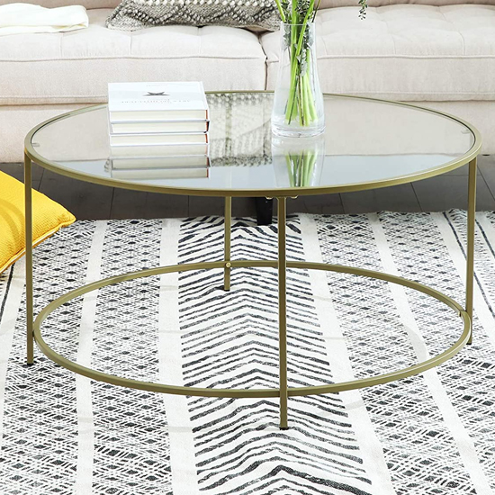 Kearney Round Clear Glass Coffee Table In Gold Frame Sale