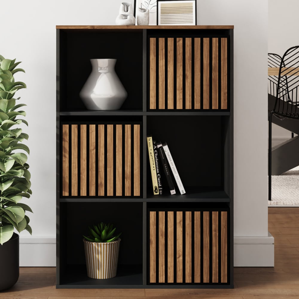 Kearney Wooden Storage Cabinet With 6 Shelves In Black And Walnut