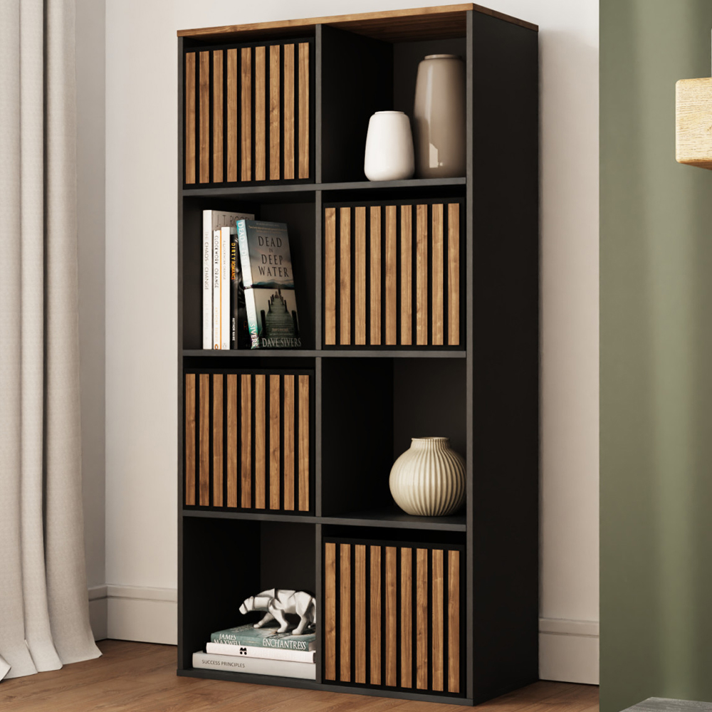 Kearney Wooden Storage Cabinet With 8 Shelves In Black And Walnut