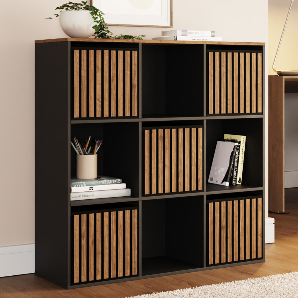 Kearney Wooden Storage Cabinet With 9 Shelves In Black And Walnut