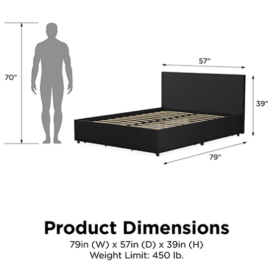 Kingston Fabric Double Bed With 4 Drawers In Dark Grey