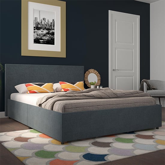 Keely Linen Fabric Double Bed With 4 Drawers In Navy