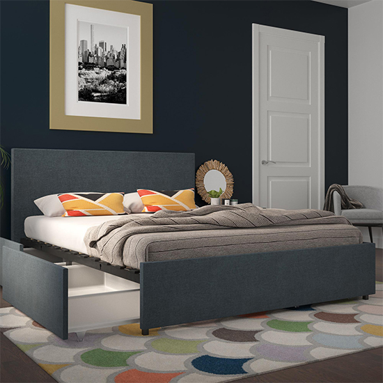 Kingston Fabric King Size Bed With 4 Drawers In Navy