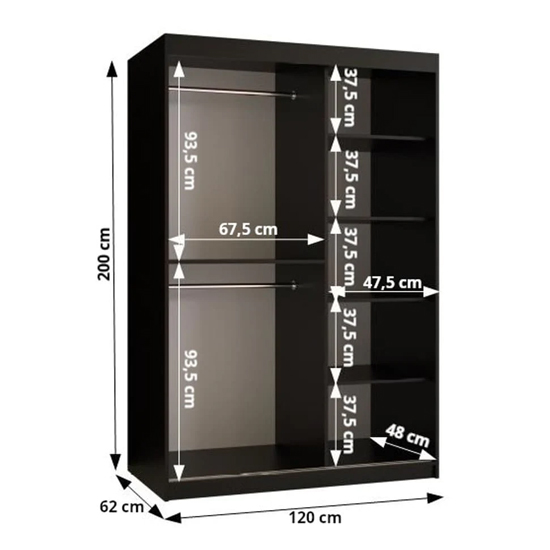 Keene II Mirrored Wardrobe 120cm With 2 Sliding Doors In Black