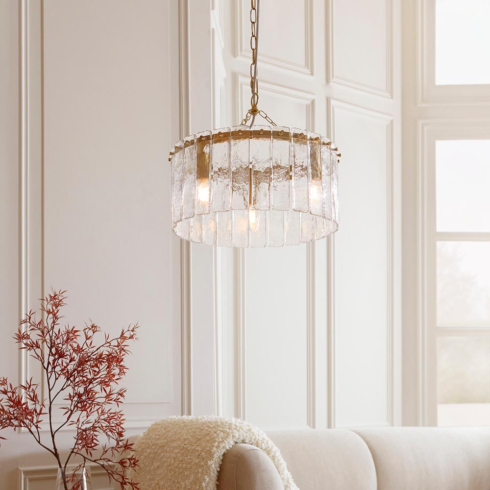 Keene 3 Light Glass Pendant Ceiling Light In Brushed Aged Brass