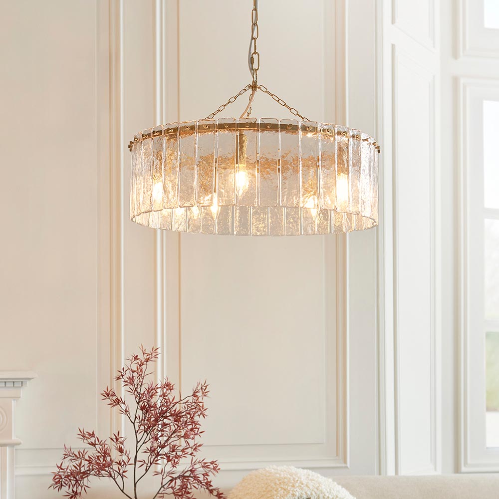 Keene 5 Light Glass Pendant Ceiling Light In Brushed Aged Brass