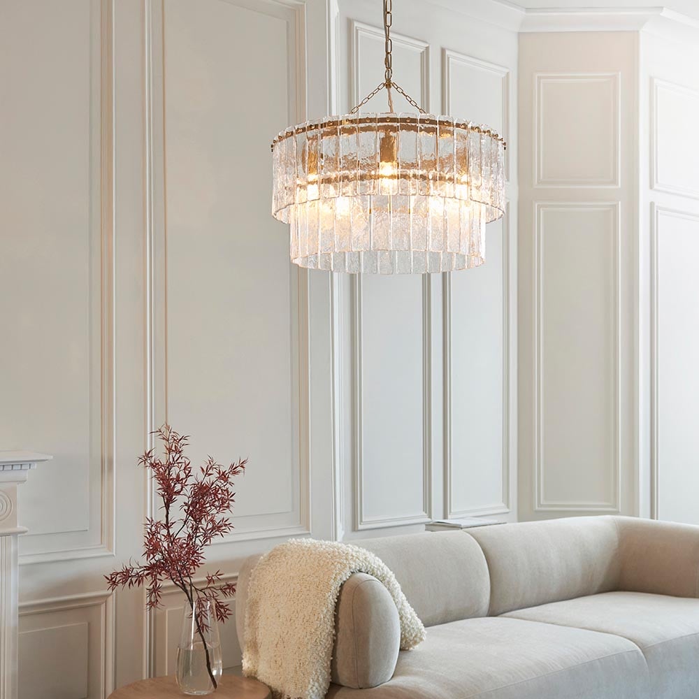 Keene 5 Light Glass Tiered Pendant Ceiling Light In Aged Brass