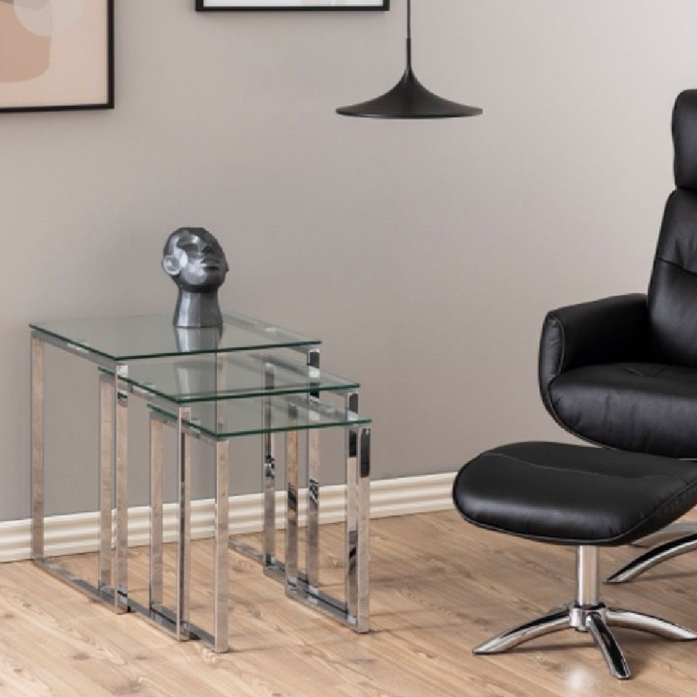 Read more about Keene clear glass nest of 3 tables with chrome metal frame