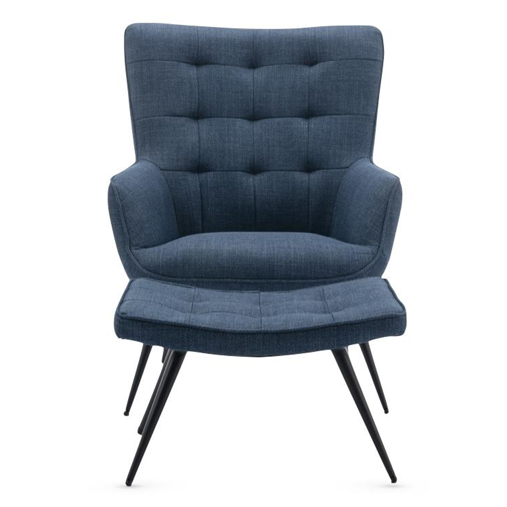 Keene Fabric Accent Chair With Stool In Denim Blue