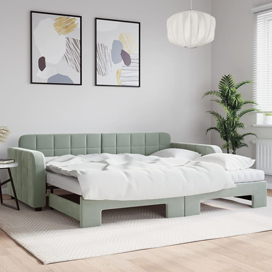 Keene Velvet Daybed With Guest Bed And Mattress In Light Grey