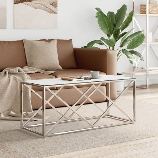 Product photograph of Keeya White Glass Coffee Table Rectangular With Silver Frame from Furniture in Fashion
