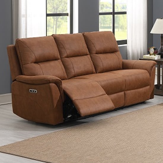 Product photograph of Keller Clean Fabric Electric Recliner 3 Seater Sofa In Tan from Furniture in Fashion