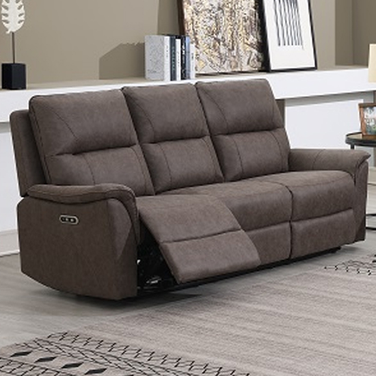Product photograph of Keller Clean Fabric Electric Recliner 3 Seater Sofa In Truffle from Furniture in Fashion