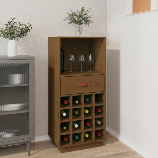 Product photograph of Keller Solid Pine Wood Wine Cabinet With Drawer In Honey Brown from Furniture in Fashion